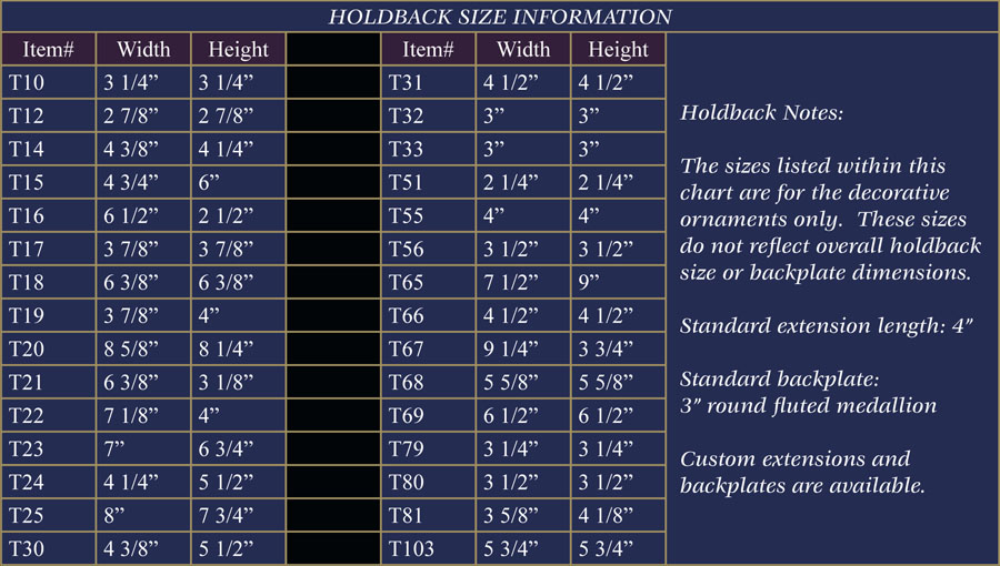 Decorative drapery holdback size information