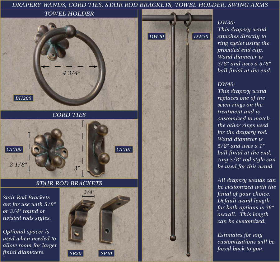 Wrought iron drapery wands, cord ties, stair rod brackets, towel holder, swing arms