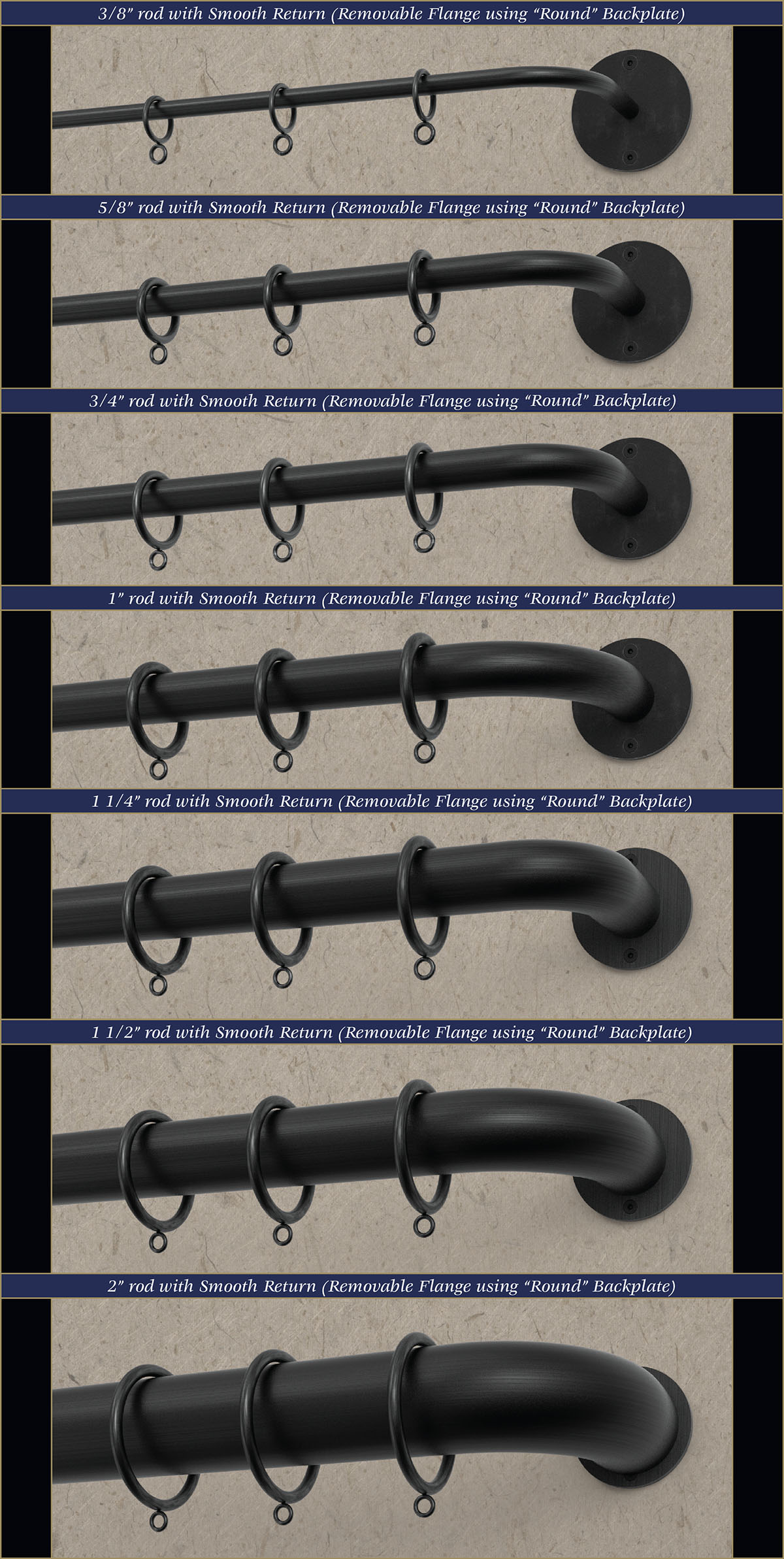 Smooth French return curtain rods with round backplates